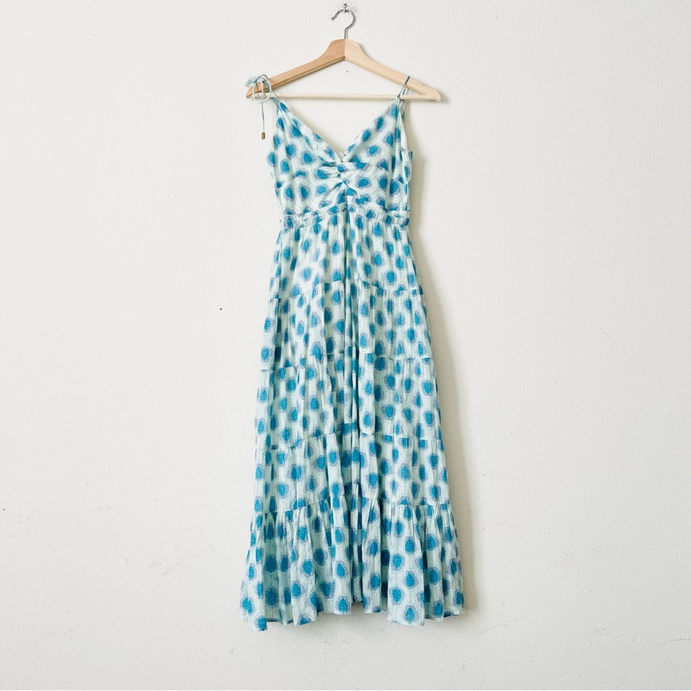 Karina Grimaldi XS white blue printed Vneck sleeveless midi tiered pocket dress